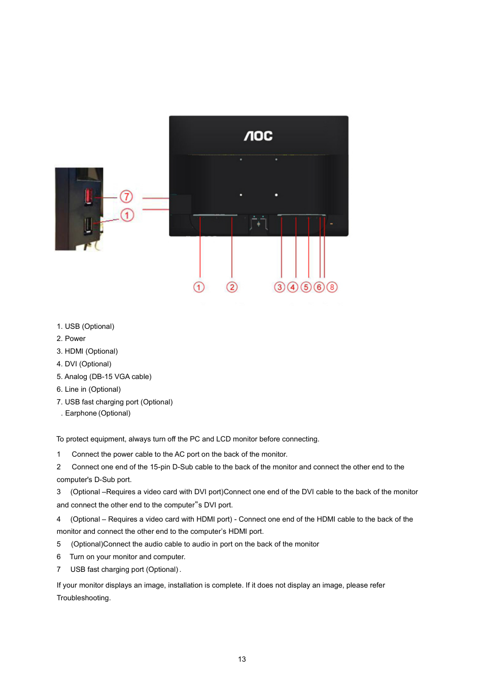 Connecting the monitor | AOC I2360PHU User Manual | Page 13 / 68