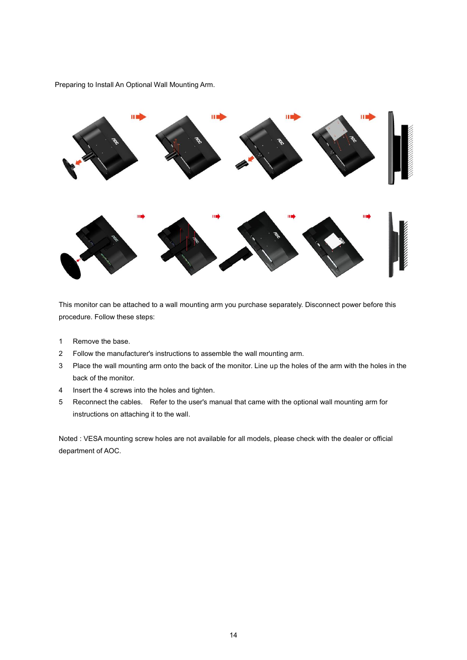 Wall mounting | AOC I2360PHU User Manual | Page 14 / 68