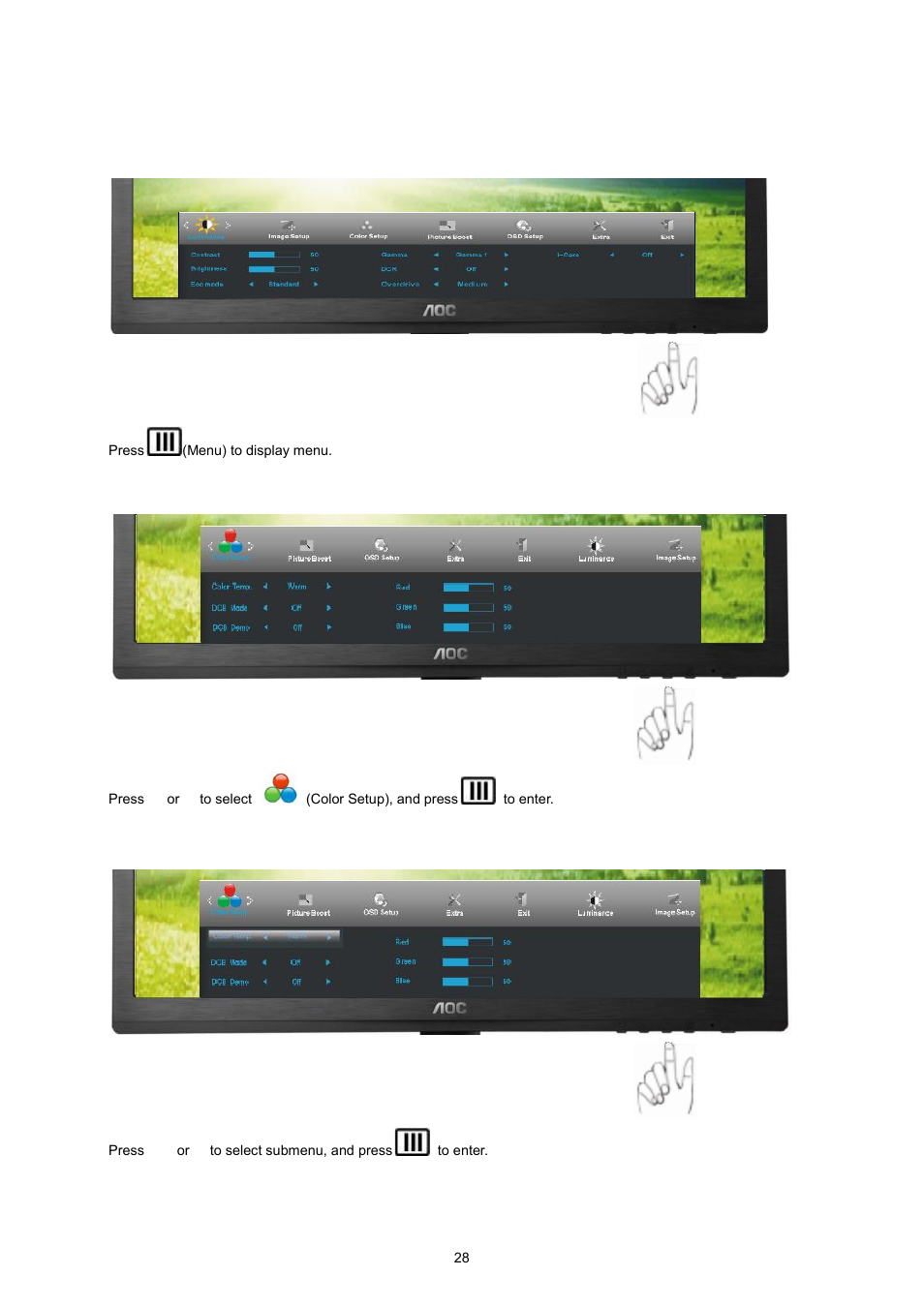 Color setup | AOC I2360PHU User Manual | Page 28 / 68