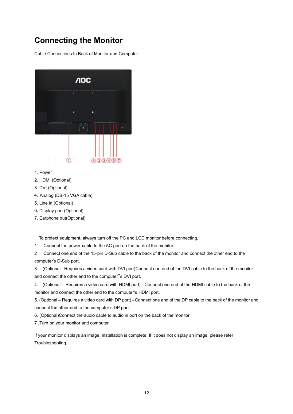 Connecting the monitor | AOC I2360PQ User Manual | Page 12 / 68