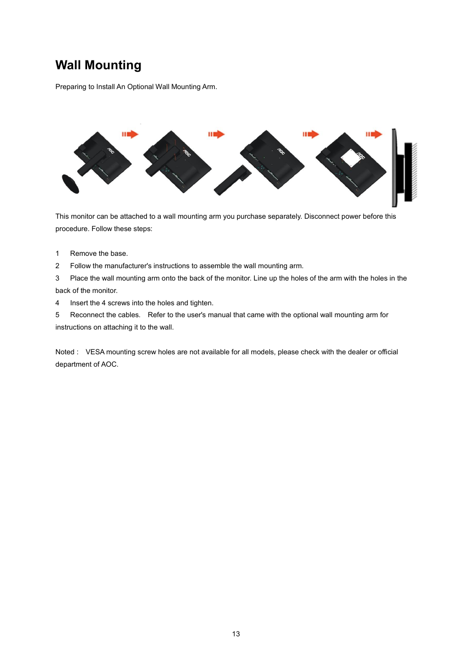 Wall mounting | AOC I2360PQ User Manual | Page 13 / 68