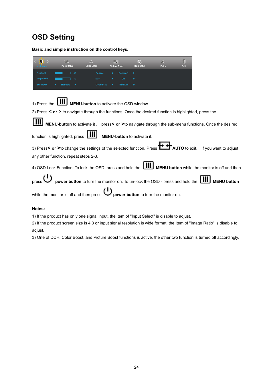 Hotkeys, Osd setting | AOC I2360PQ User Manual | Page 24 / 68