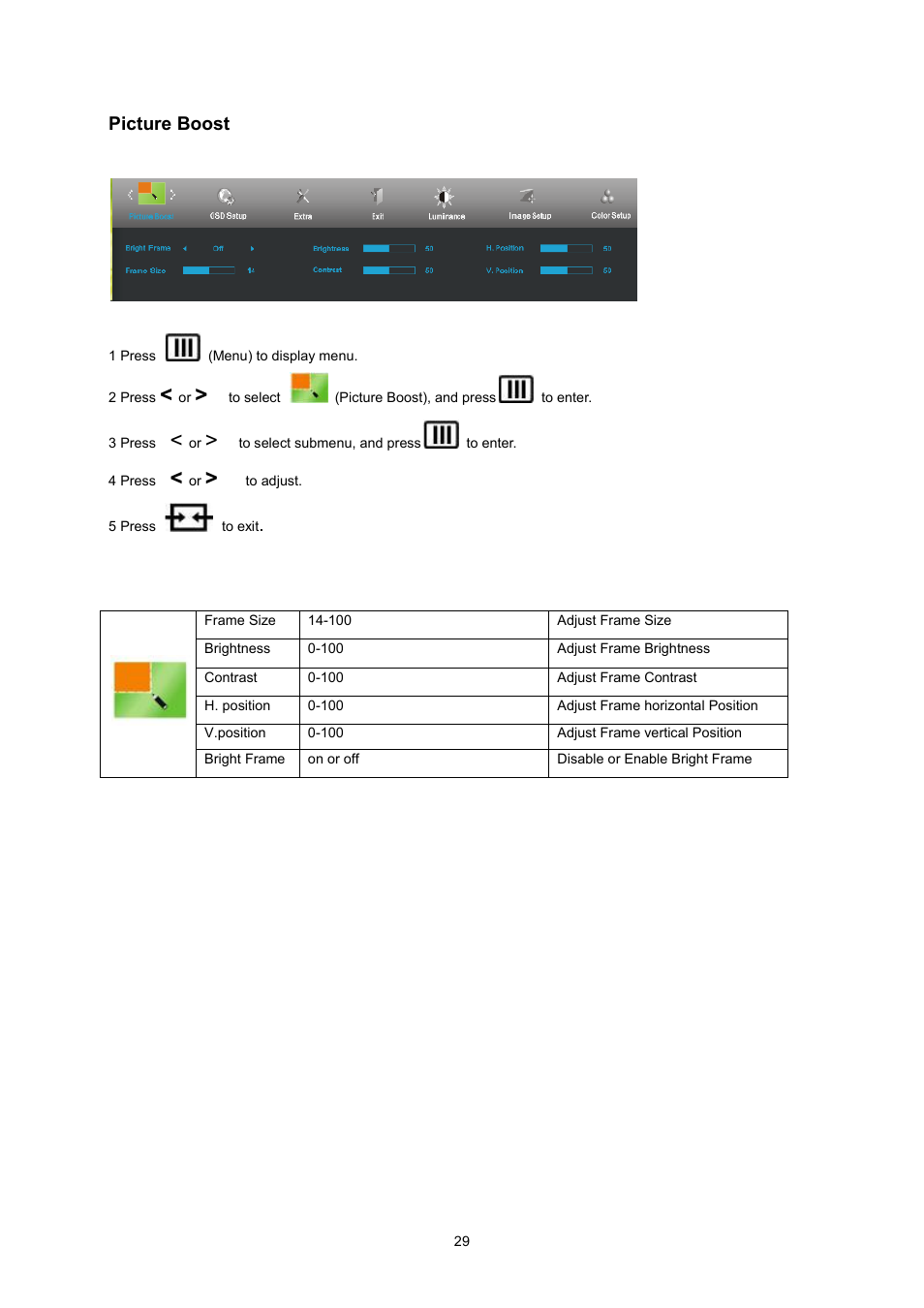 Color setup, Picture boost | AOC I2360PQ User Manual | Page 29 / 68