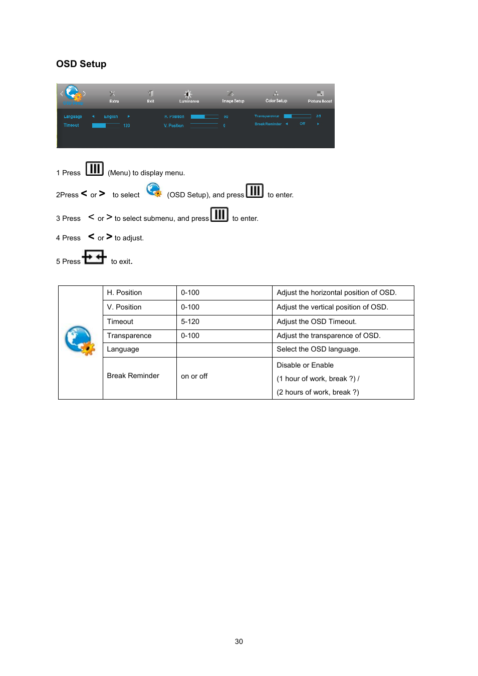 Picture boost, Osd setup | AOC I2360PQ User Manual | Page 30 / 68