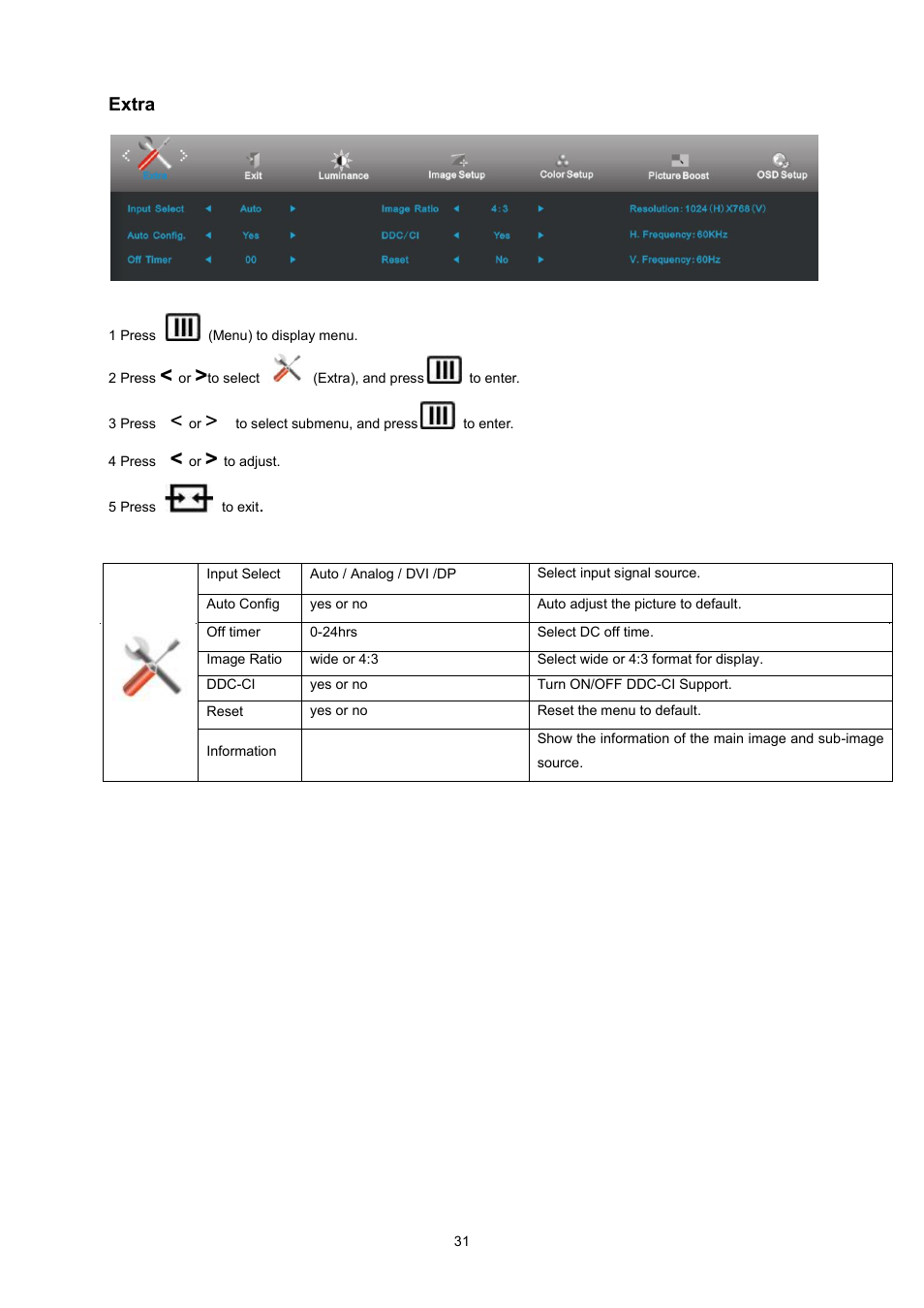 Osd setup, Extra | AOC I2360PQ User Manual | Page 31 / 68