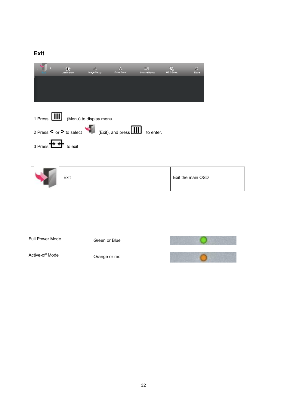 Extra, Led indicator, Exit | AOC I2360PQ User Manual | Page 32 / 68