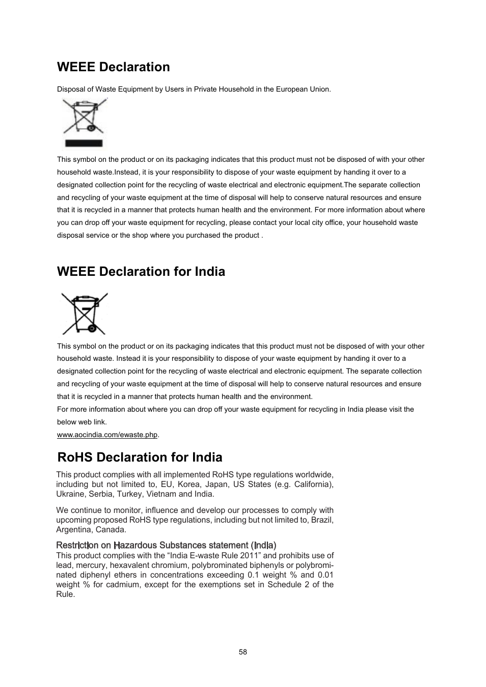 Preset display modes, Pin assignments, Weee declaration | Weee declaration for india, Rohs declaration for india | AOC I2360PQ User Manual | Page 58 / 68