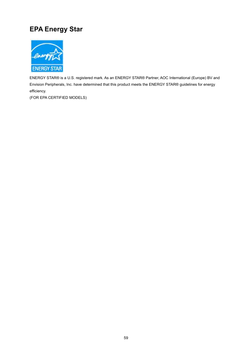 Plug and play, Epa energy star | AOC I2360PQ User Manual | Page 59 / 68