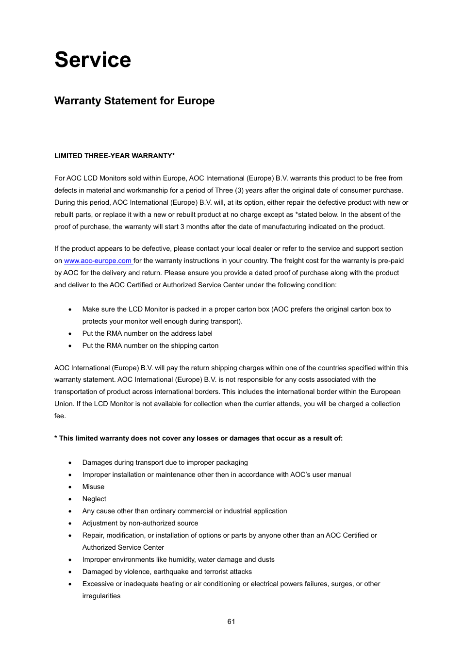 Service, Warranty statement for europe | AOC I2360PQ User Manual | Page 61 / 68