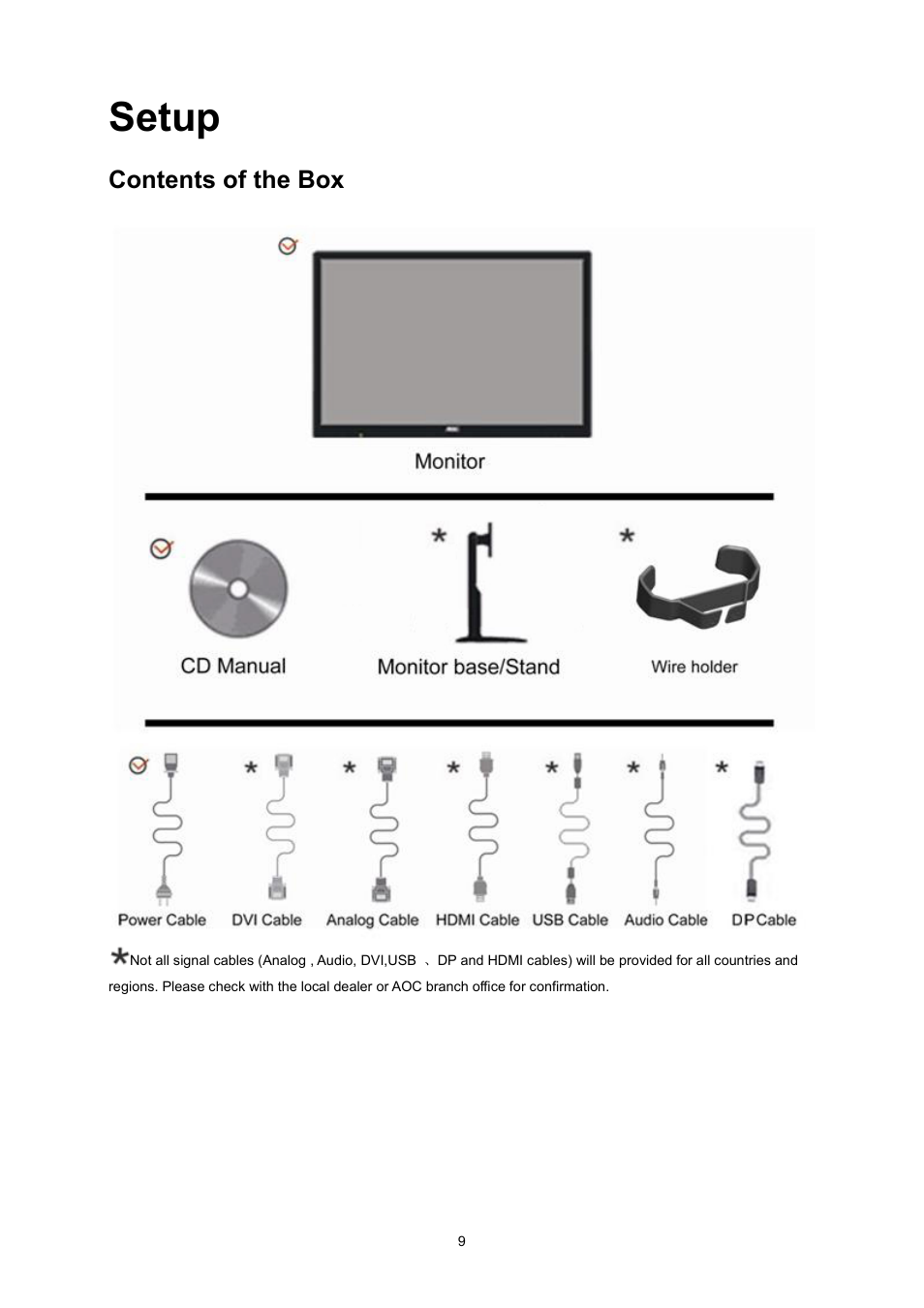 Setup, Contents of the box | AOC I2360PQ User Manual | Page 9 / 68