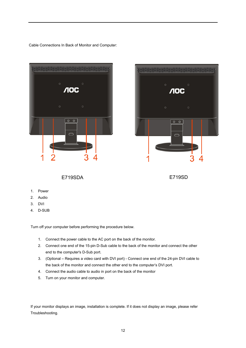 Connecting the monitor | AOC E2260PWDA User Manual | Page 12 / 62