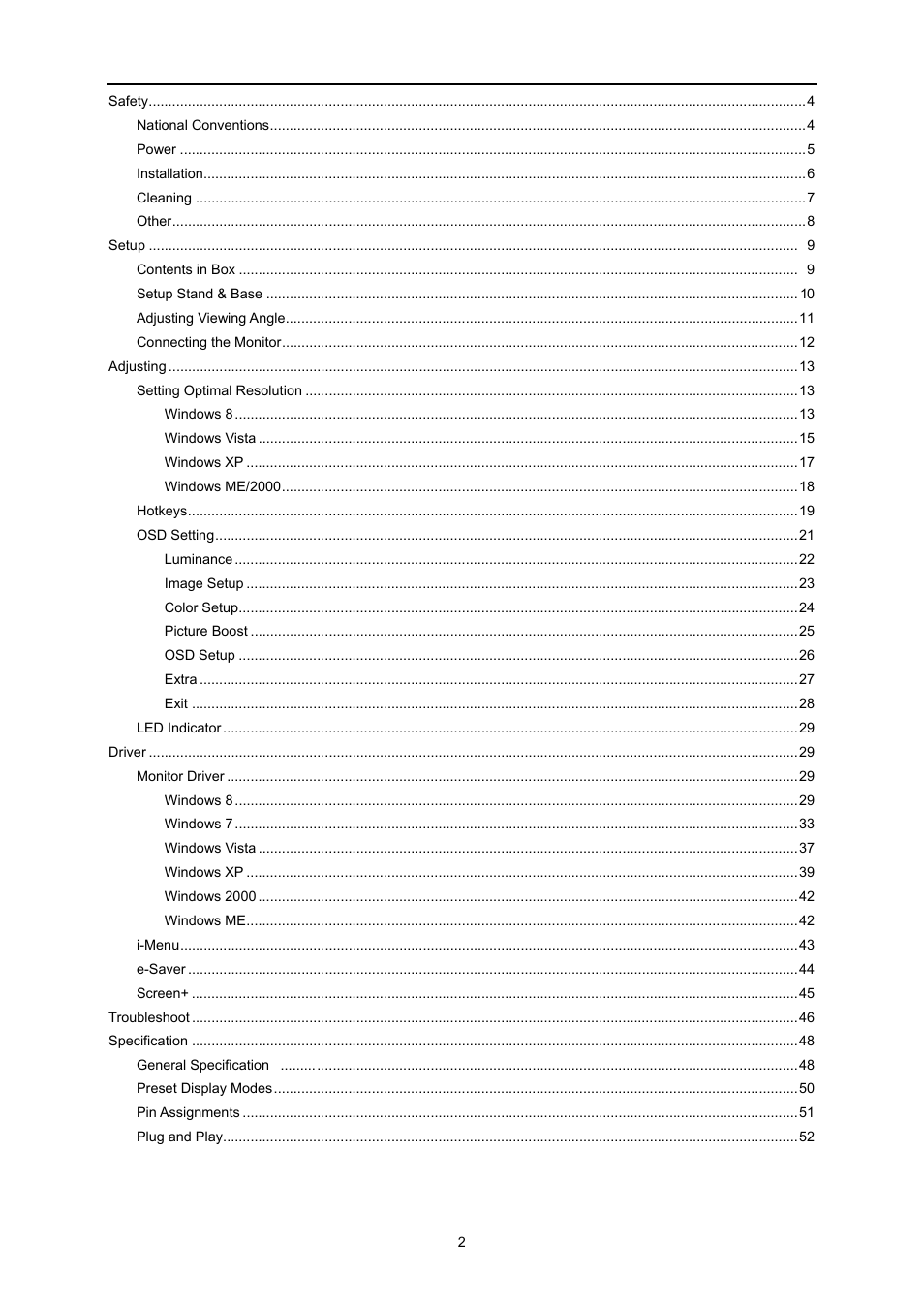 AOC E2260PWDA User Manual | Page 2 / 62