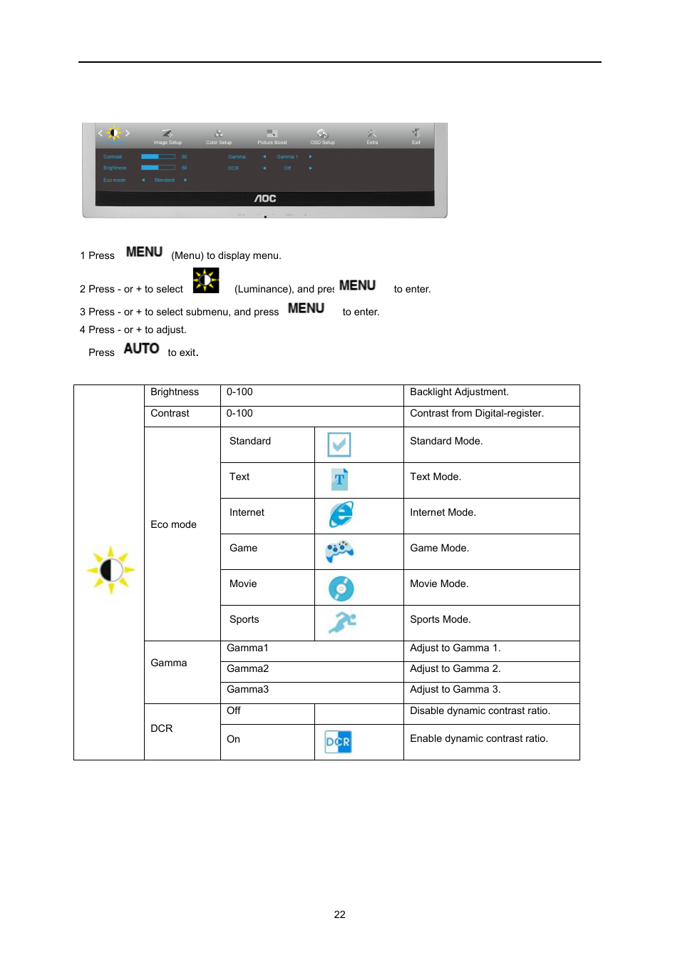 Luminance | AOC E2260PWDA User Manual | Page 22 / 62