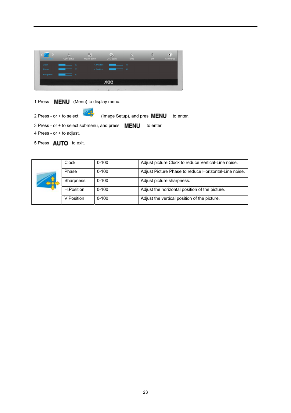 Image setup | AOC E2260PWDA User Manual | Page 23 / 62