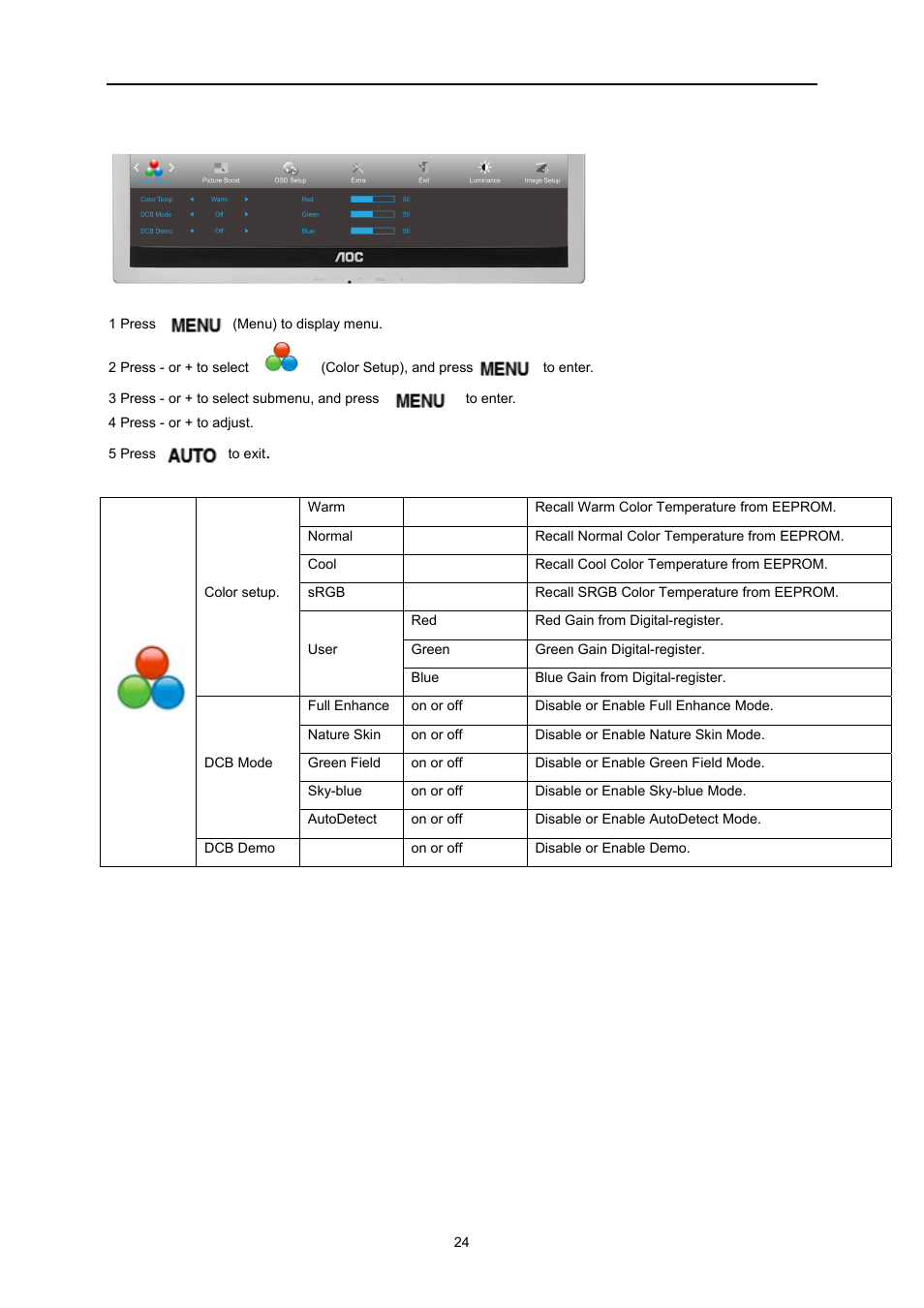 Color setup | AOC E2260PWDA User Manual | Page 24 / 62