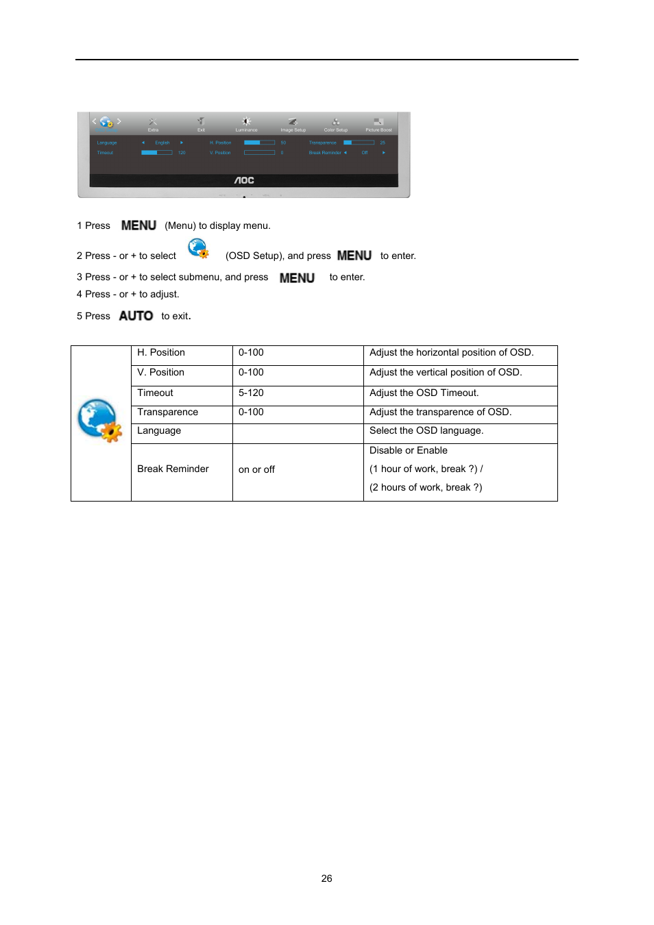 Osd setup | AOC E2260PWDA User Manual | Page 26 / 62