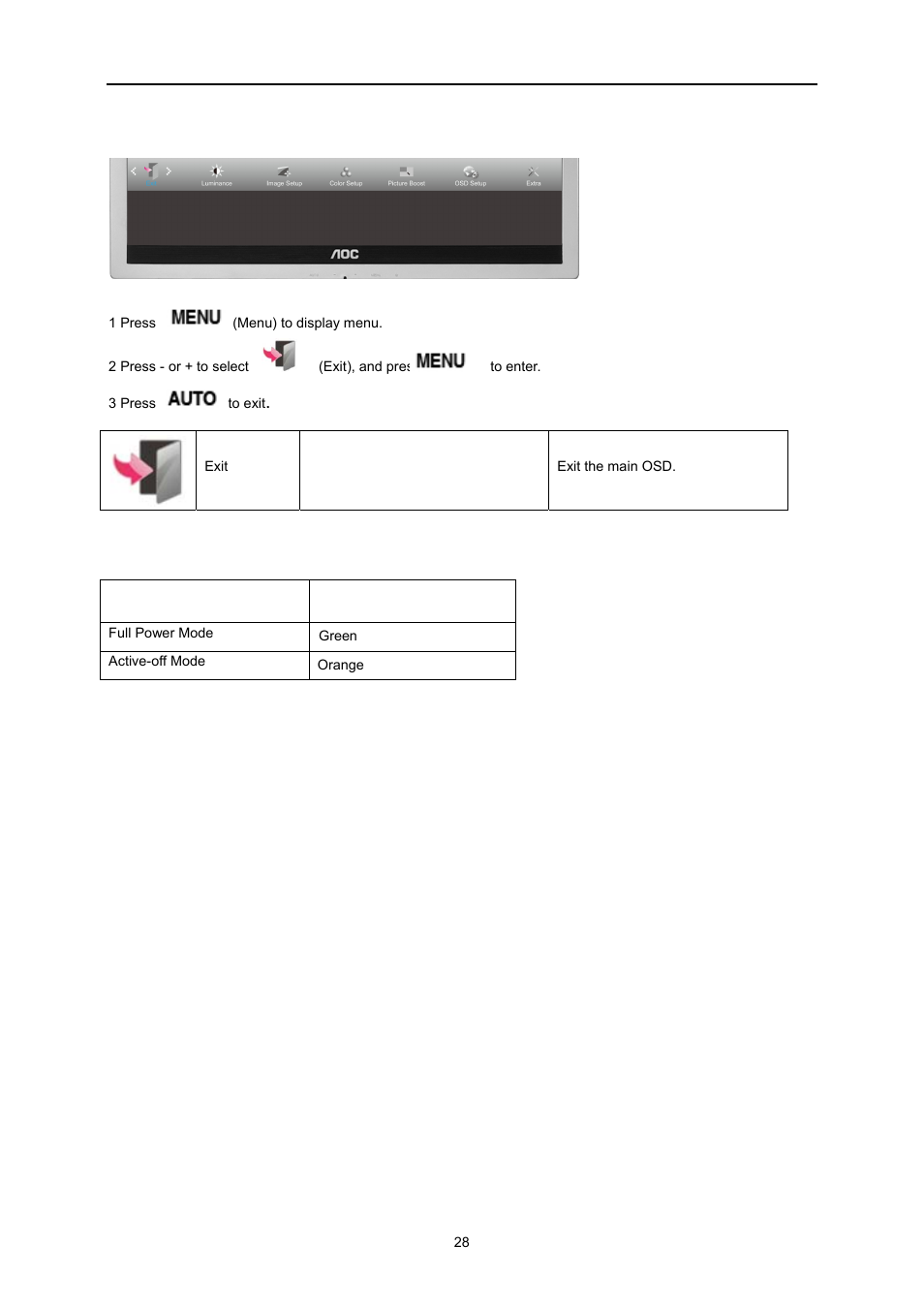 Exit, Led indicator | AOC E2260PWDA User Manual | Page 28 / 62