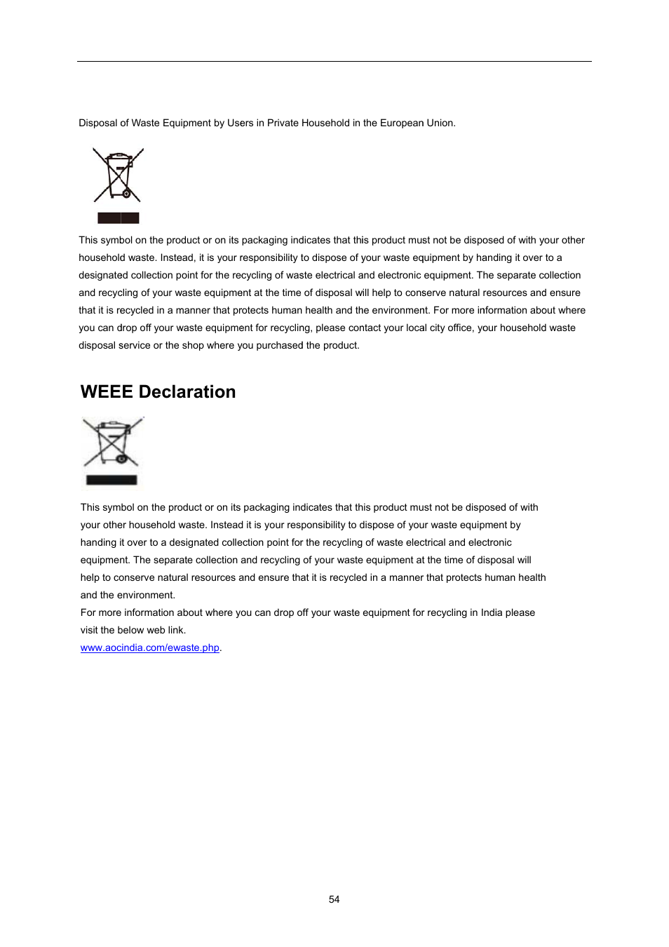 Weee declaration, E decla, Aration | Weee declaration iru,qgld | AOC E2260PWDA User Manual | Page 54 / 62