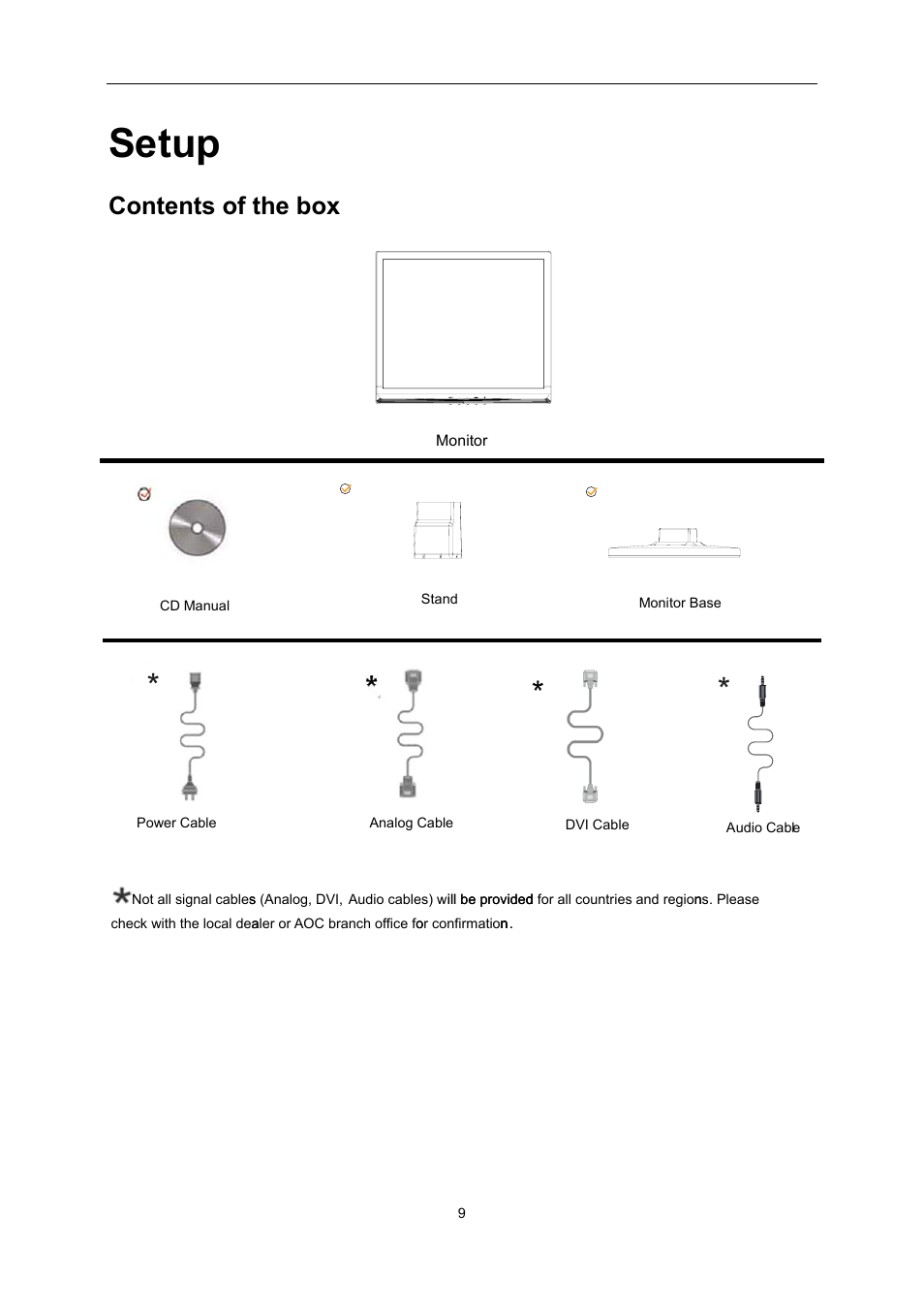 Setup, Contents in box, Contents of the box | AOC E2260PWDA User Manual | Page 9 / 62