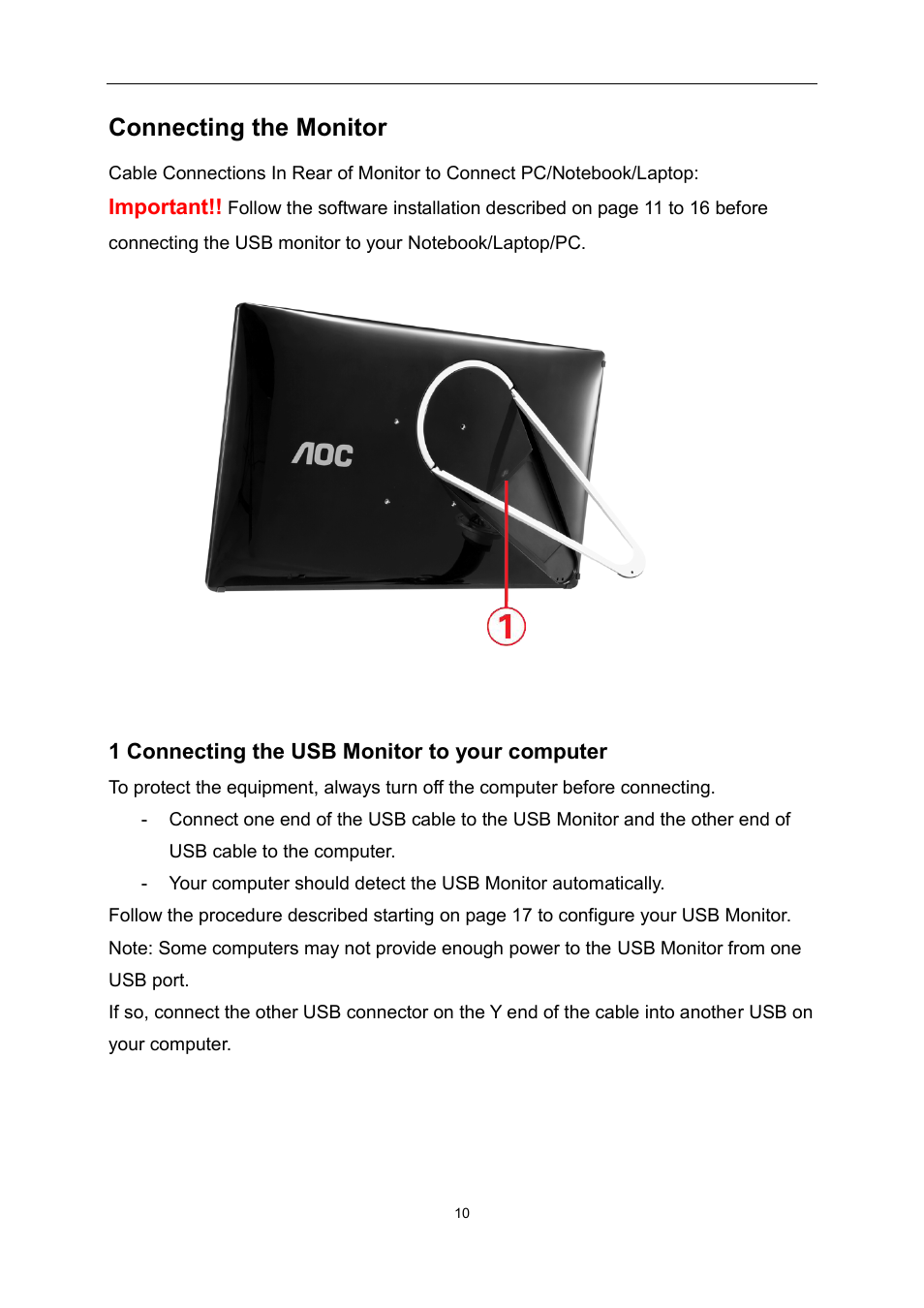 Connecting the monitor | AOC E1759FWU User Manual | Page 10 / 33