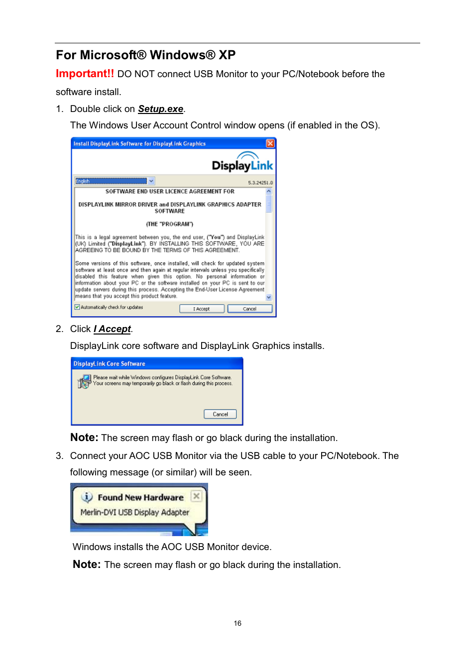 For microsoft® windows® xp | AOC E1759FWU User Manual | Page 16 / 33