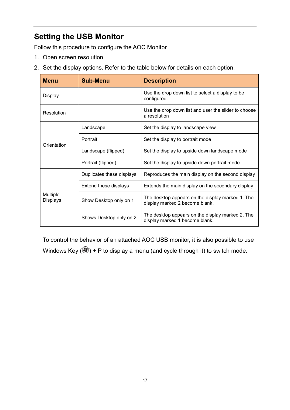 Setting the usb monitor | AOC E1759FWU User Manual | Page 17 / 33
