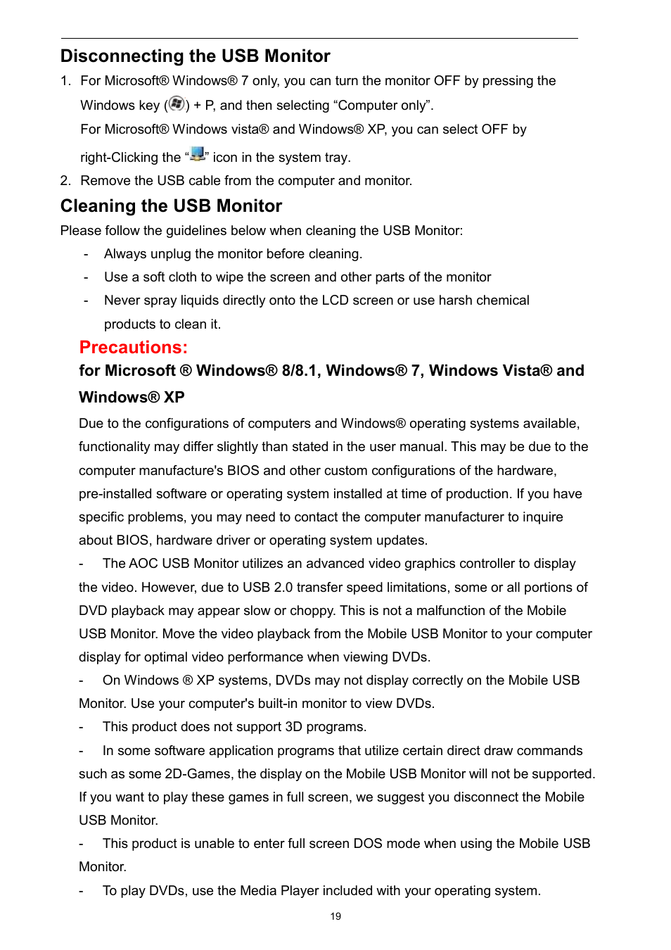 Disconnecting the usb monitor, Cleaning the usb monitor, Precautions | AOC E1759FWU User Manual | Page 19 / 33