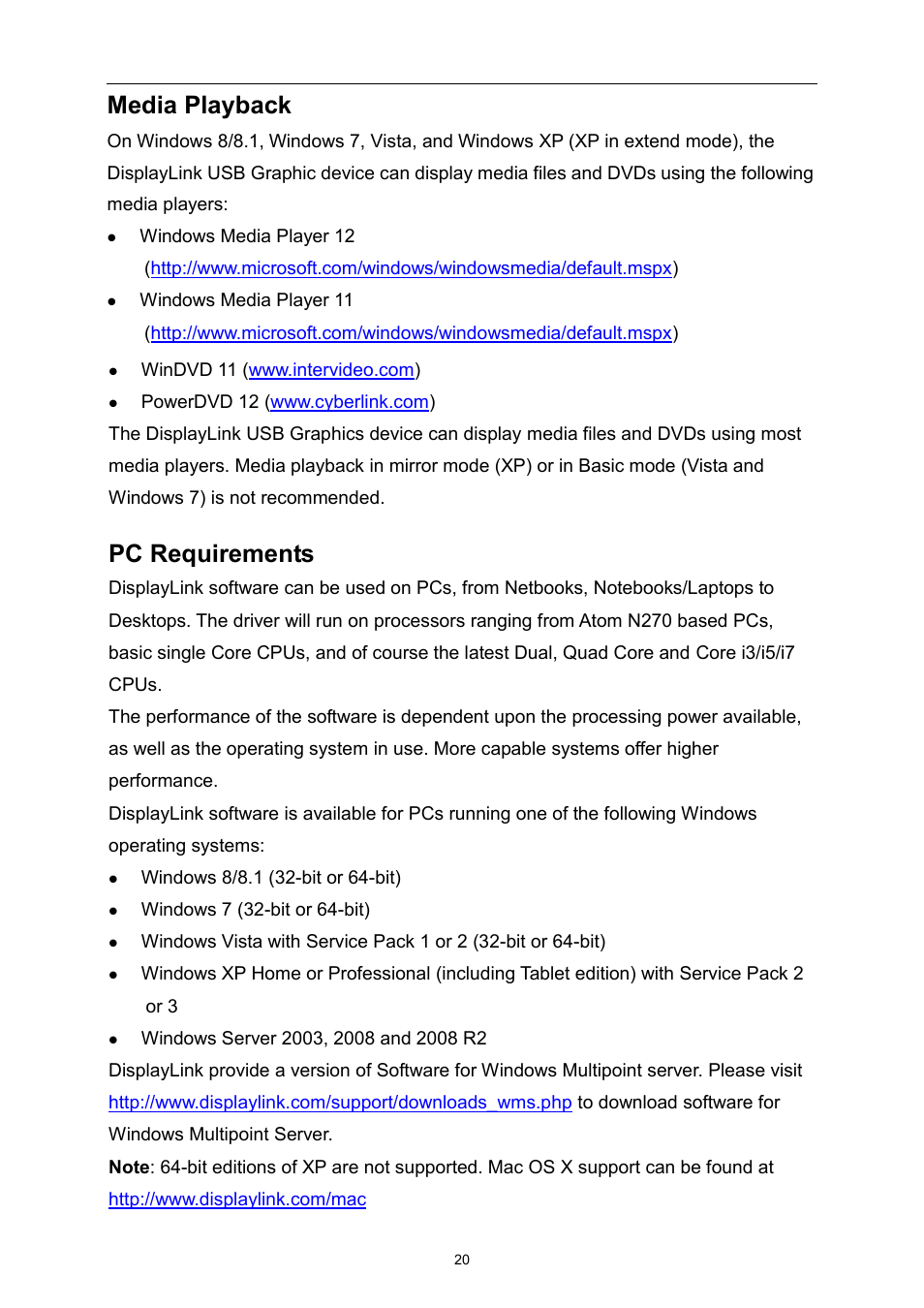 Media playback, Pc requirements | AOC E1759FWU User Manual | Page 20 / 33