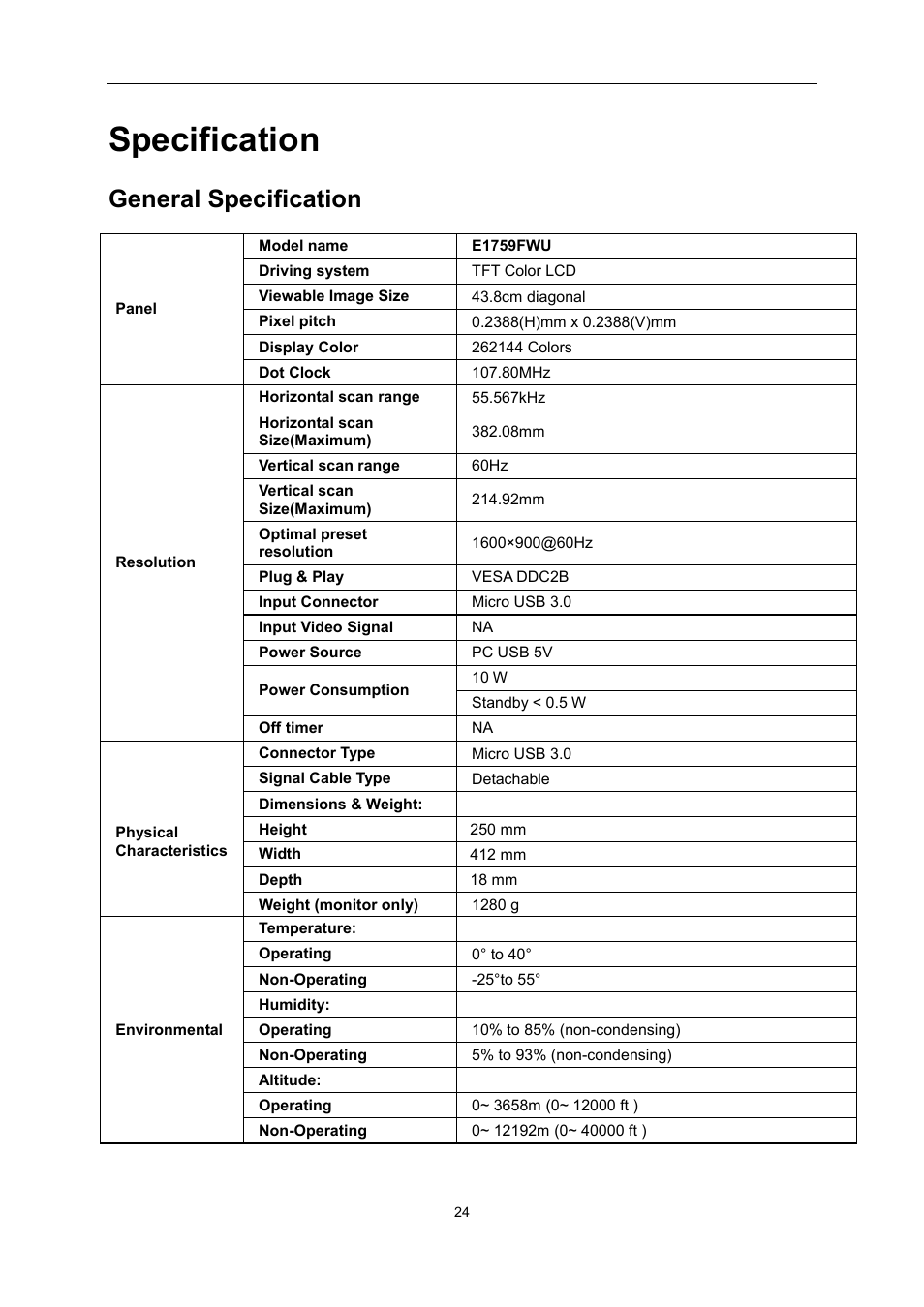 Specification, General specification | AOC E1759FWU User Manual | Page 24 / 33
