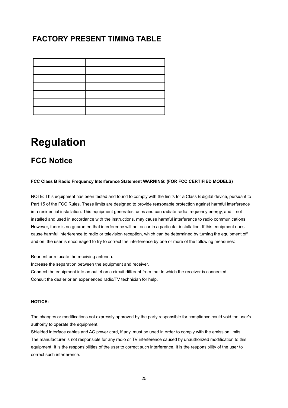 Regulation, Fcc notice, Factory present timing table | AOC E1759FWU User Manual | Page 25 / 33