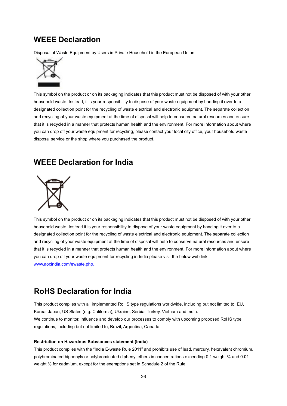 Weee declaration, Weee declaration for india, Rohs declaration for india | AOC E1759FWU User Manual | Page 26 / 33