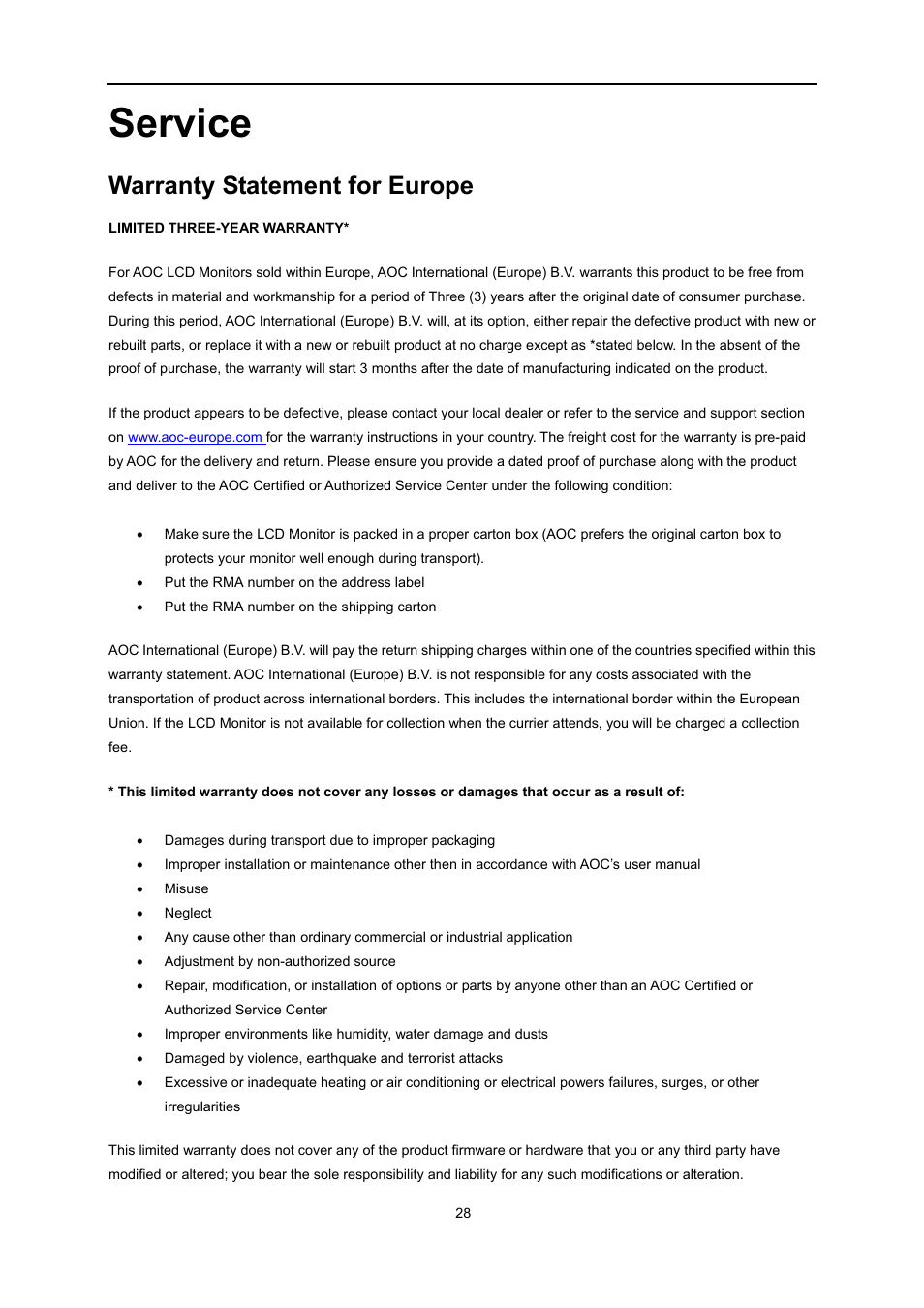Service, Warranty statement for europe | AOC E1759FWU User Manual | Page 28 / 33