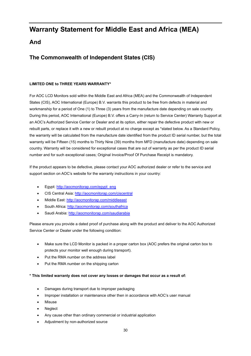 The commonwealth of independent states (cis) | AOC E1759FWU User Manual | Page 30 / 33