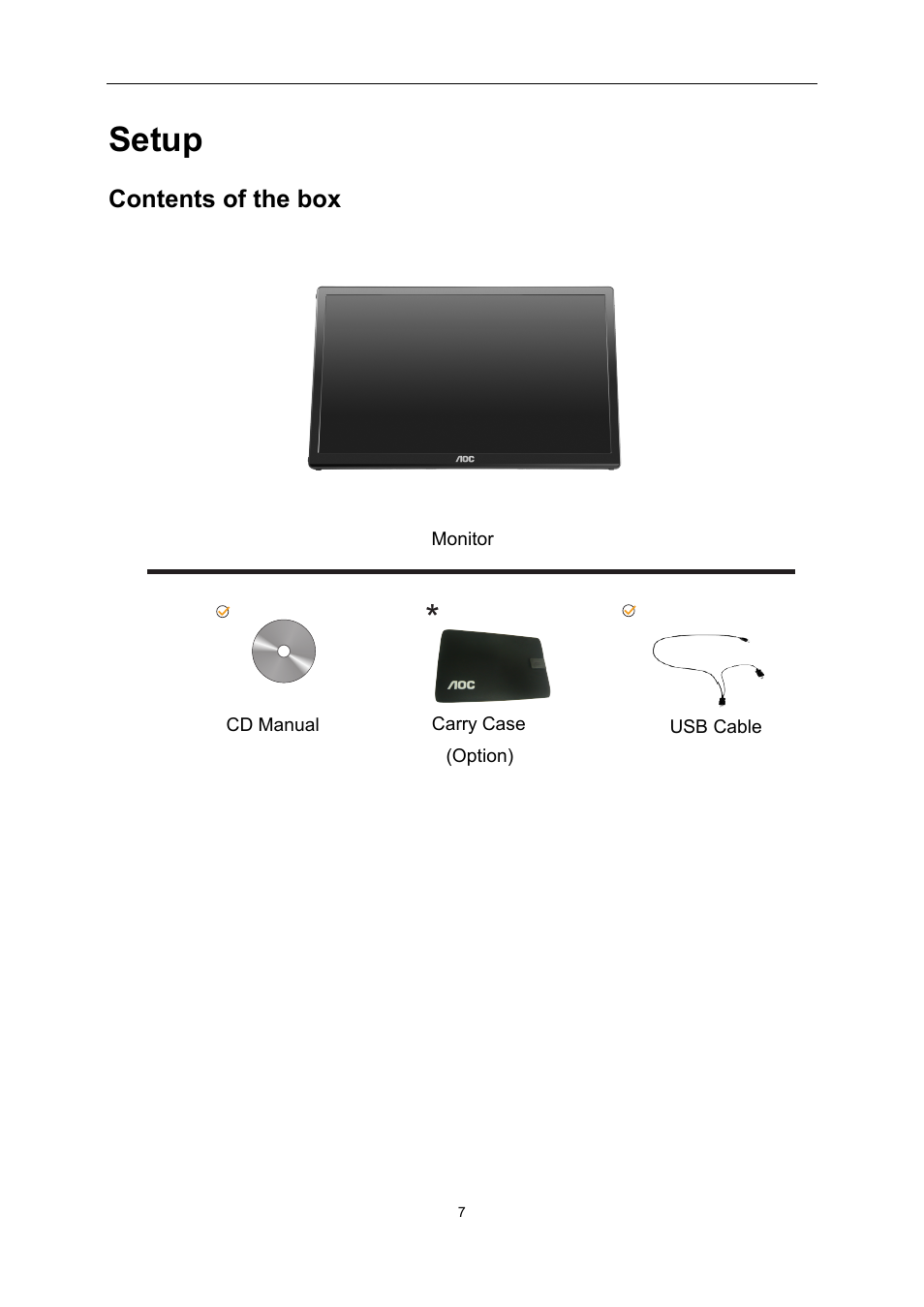 Setup, Contents of the box | AOC E1759FWU User Manual | Page 7 / 33