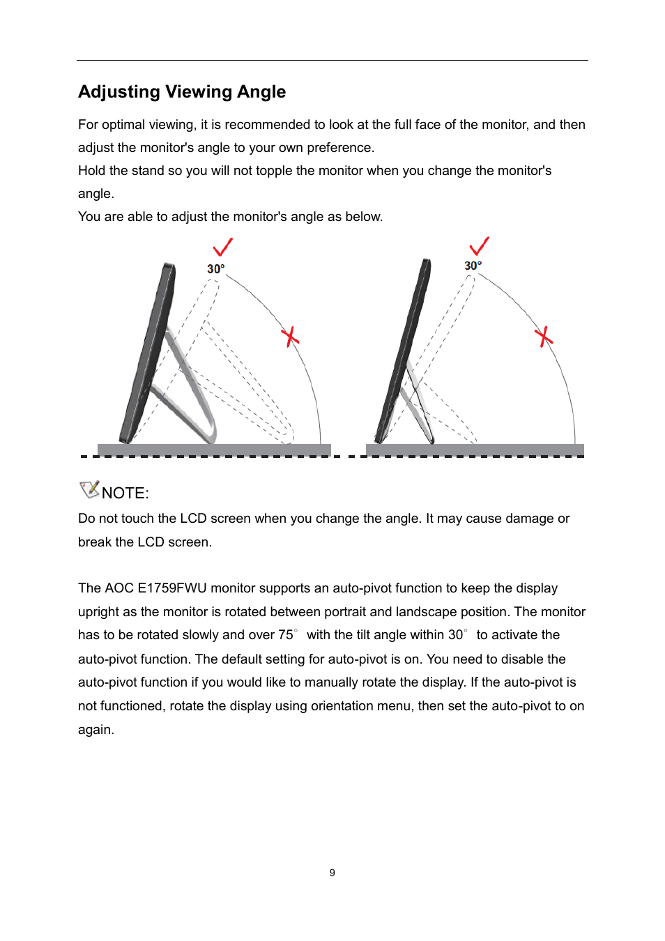 Adjusting viewing angle | AOC E1759FWU User Manual | Page 9 / 33