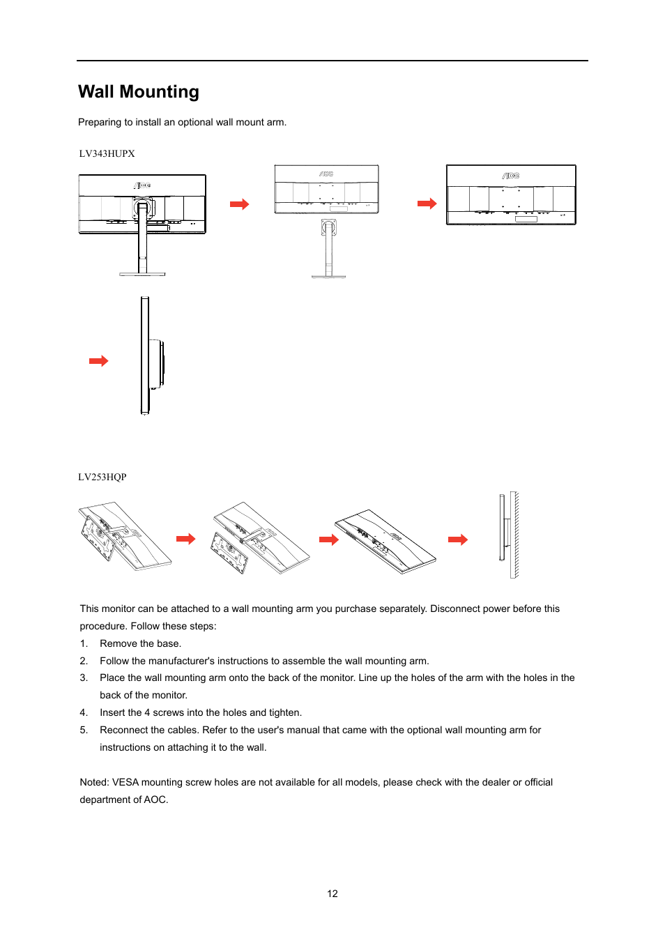 Wall mounting | AOC U3477PQU User Manual | Page 12 / 79