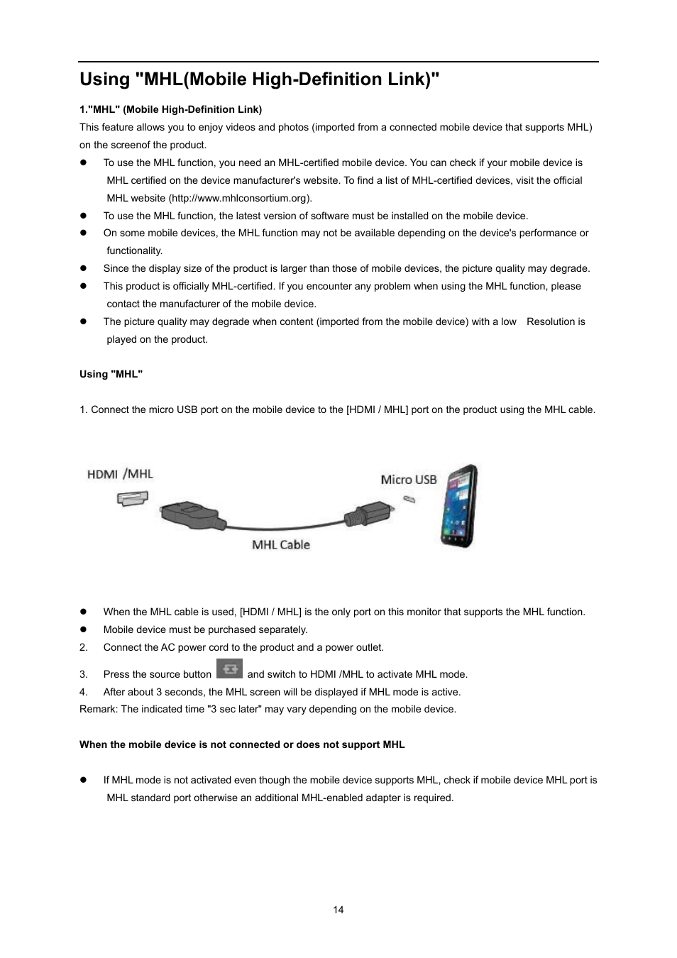Using "mhl(mobile high-definition link) | AOC U3477PQU User Manual | Page 14 / 79