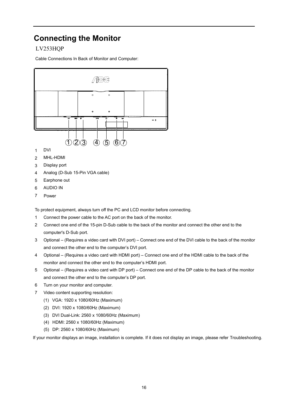 Connecting the monitor | AOC U3477PQU User Manual | Page 15 / 79