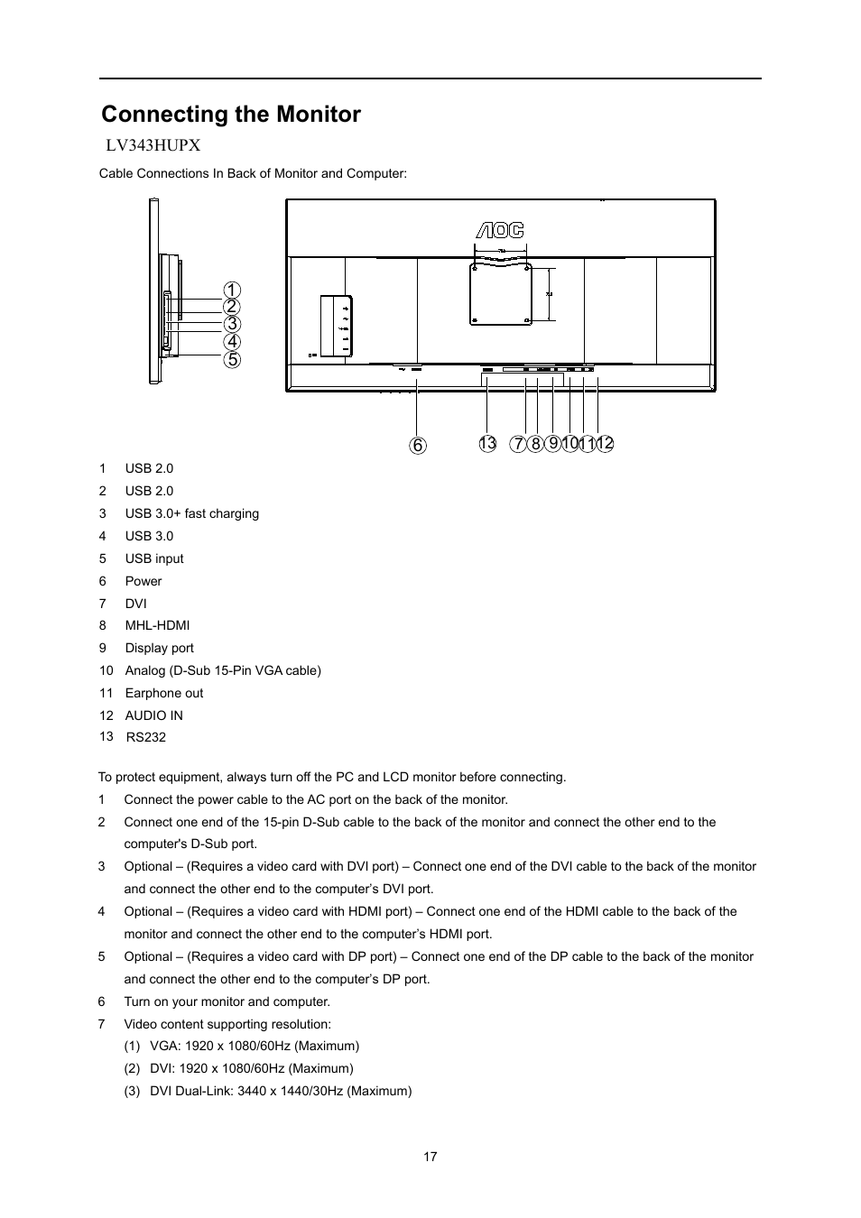 Connecting the monitor | AOC U3477PQU User Manual | Page 16 / 79