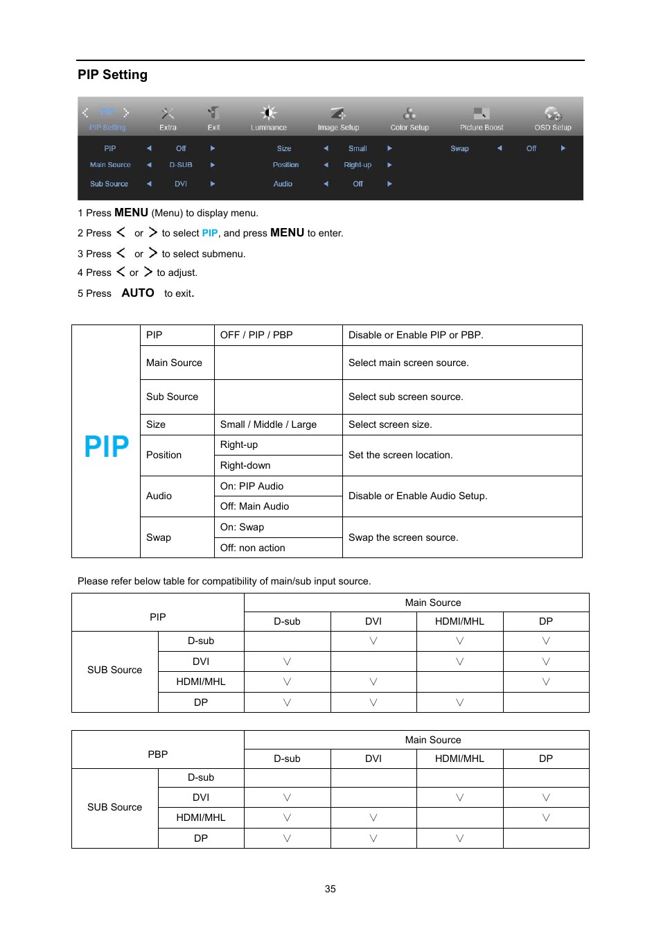 Pip setting | AOC U3477PQU User Manual | Page 34 / 79