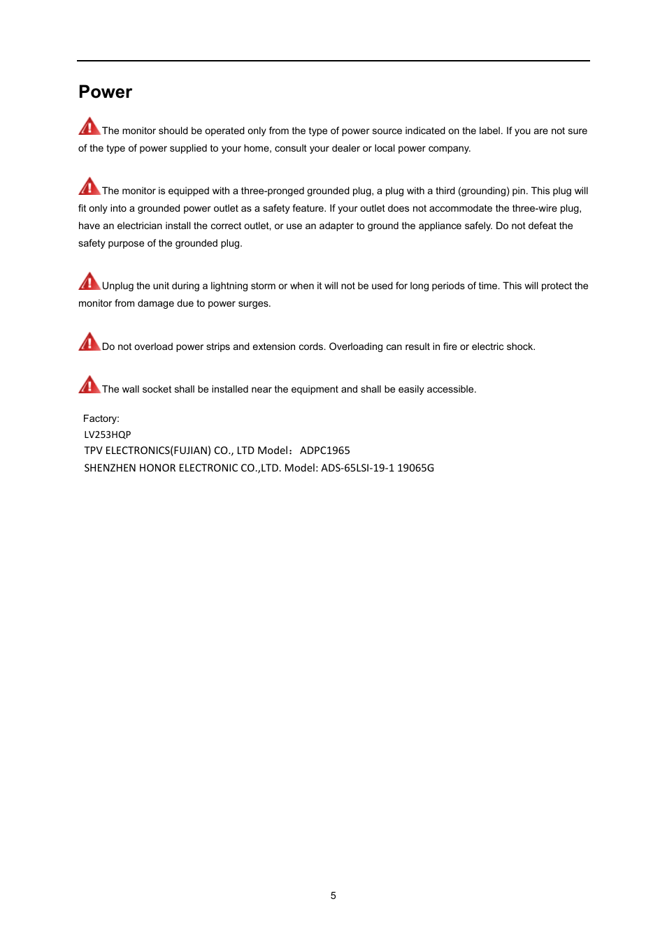 Power | AOC U3477PQU User Manual | Page 5 / 79