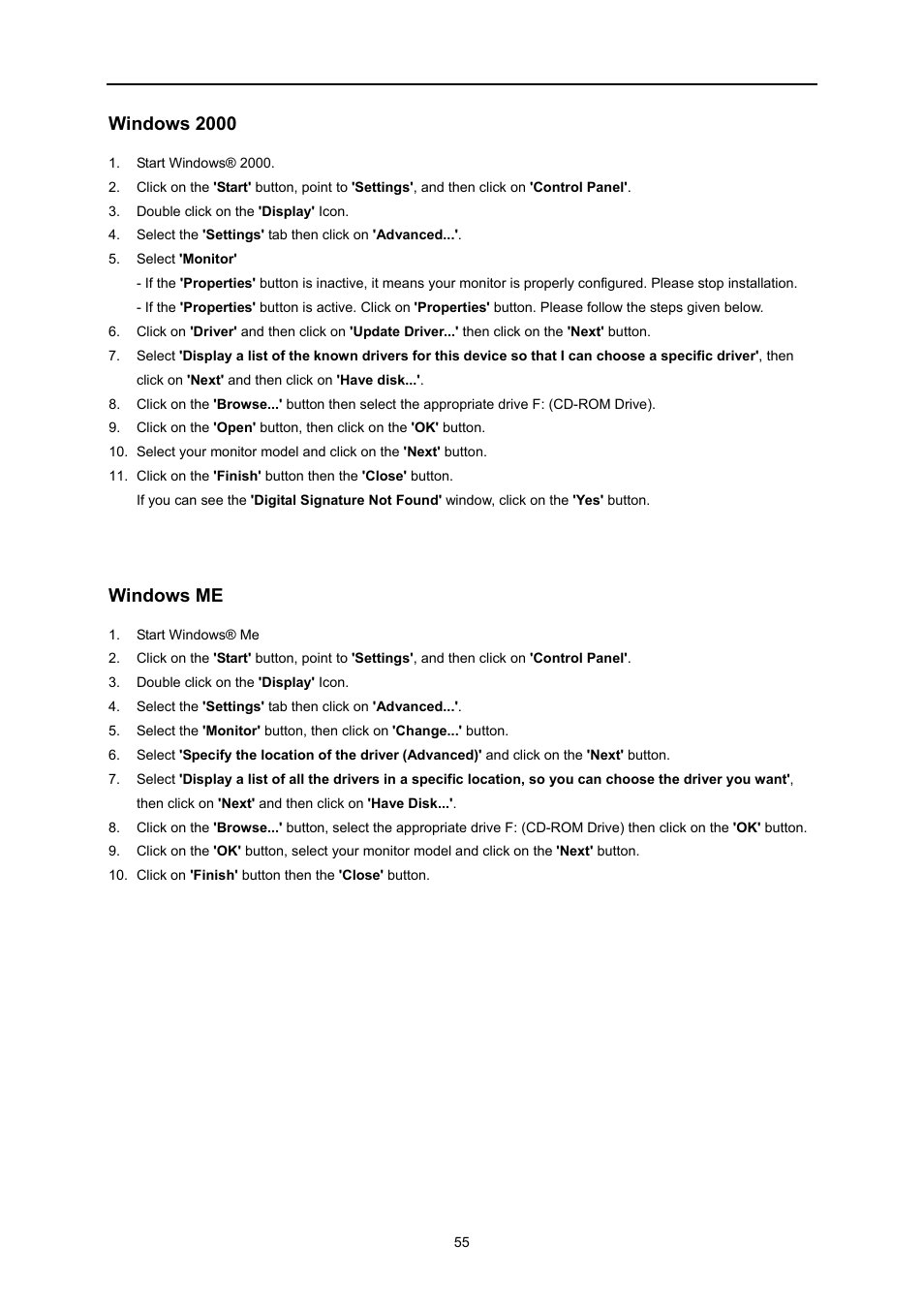 Windows 2000, Windows me | AOC U3477PQU User Manual | Page 54 / 79