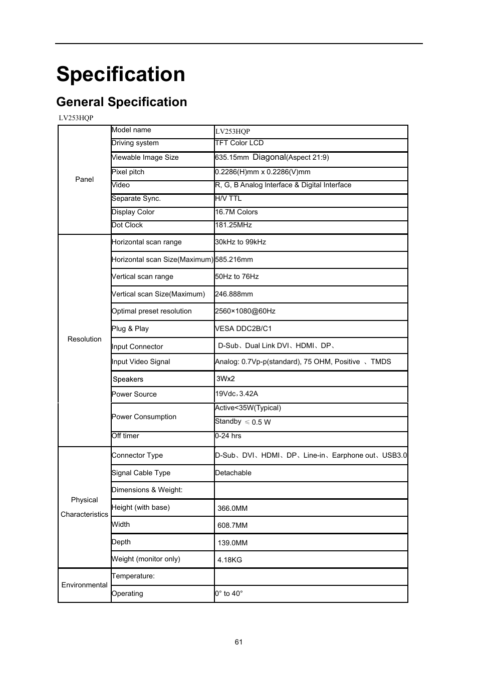 Specification, General specification | AOC U3477PQU User Manual | Page 60 / 79