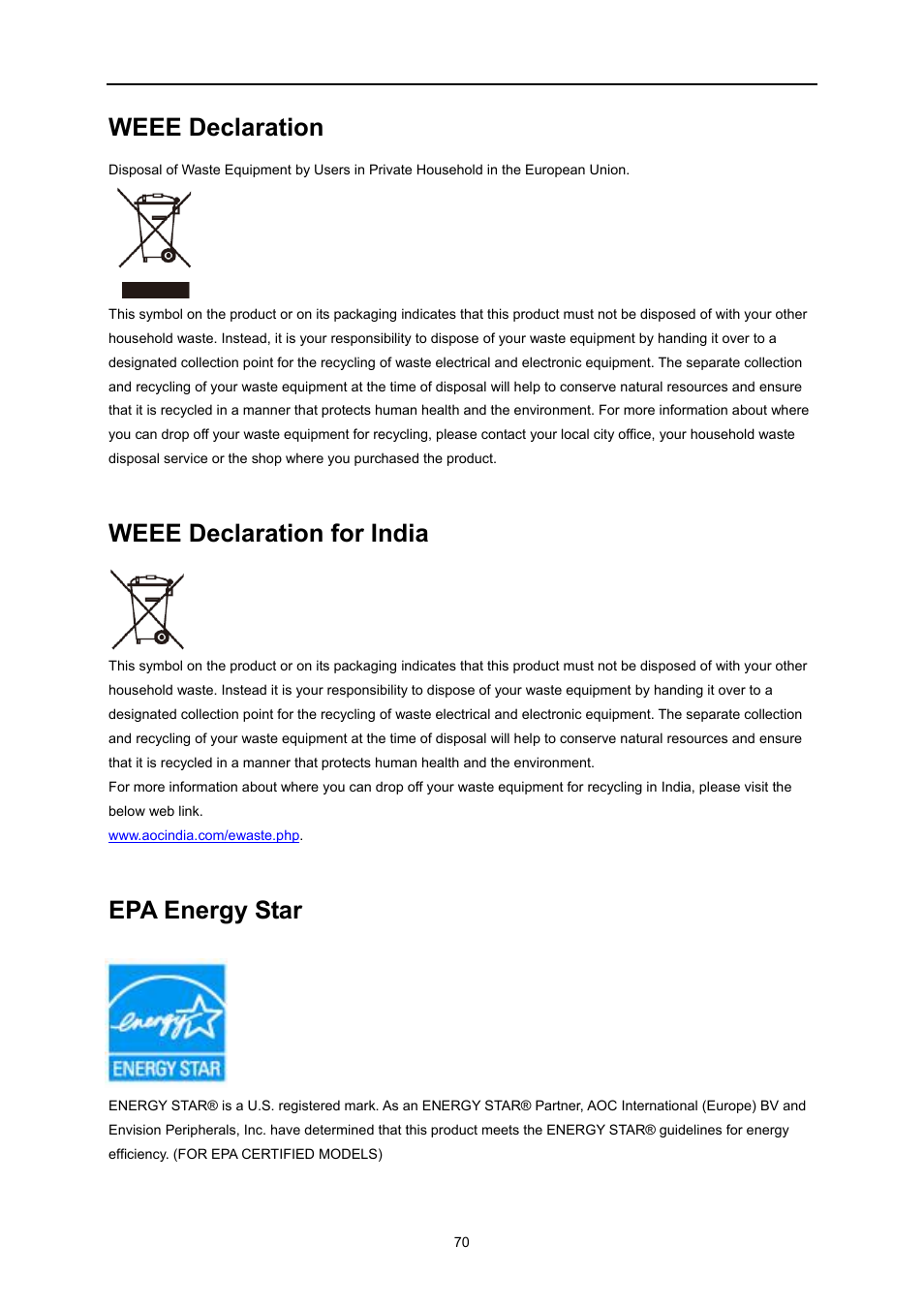 Weee declaration, Weee declaration for india, Epa energy star | AOC U3477PQU User Manual | Page 69 / 79