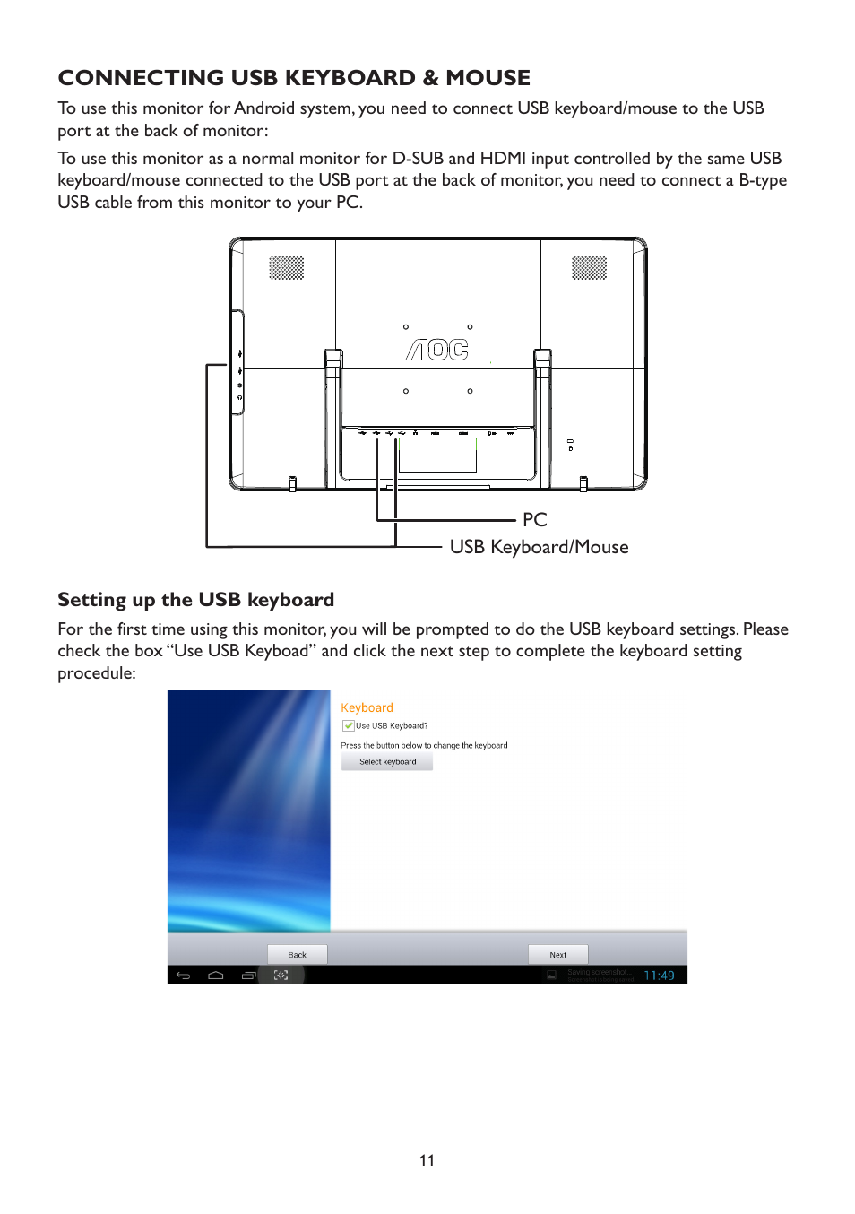 Connecting usb keyboard & mouse, Setting up the usb keyboard | AOC A2472PWH User Manual | Page 11 / 67