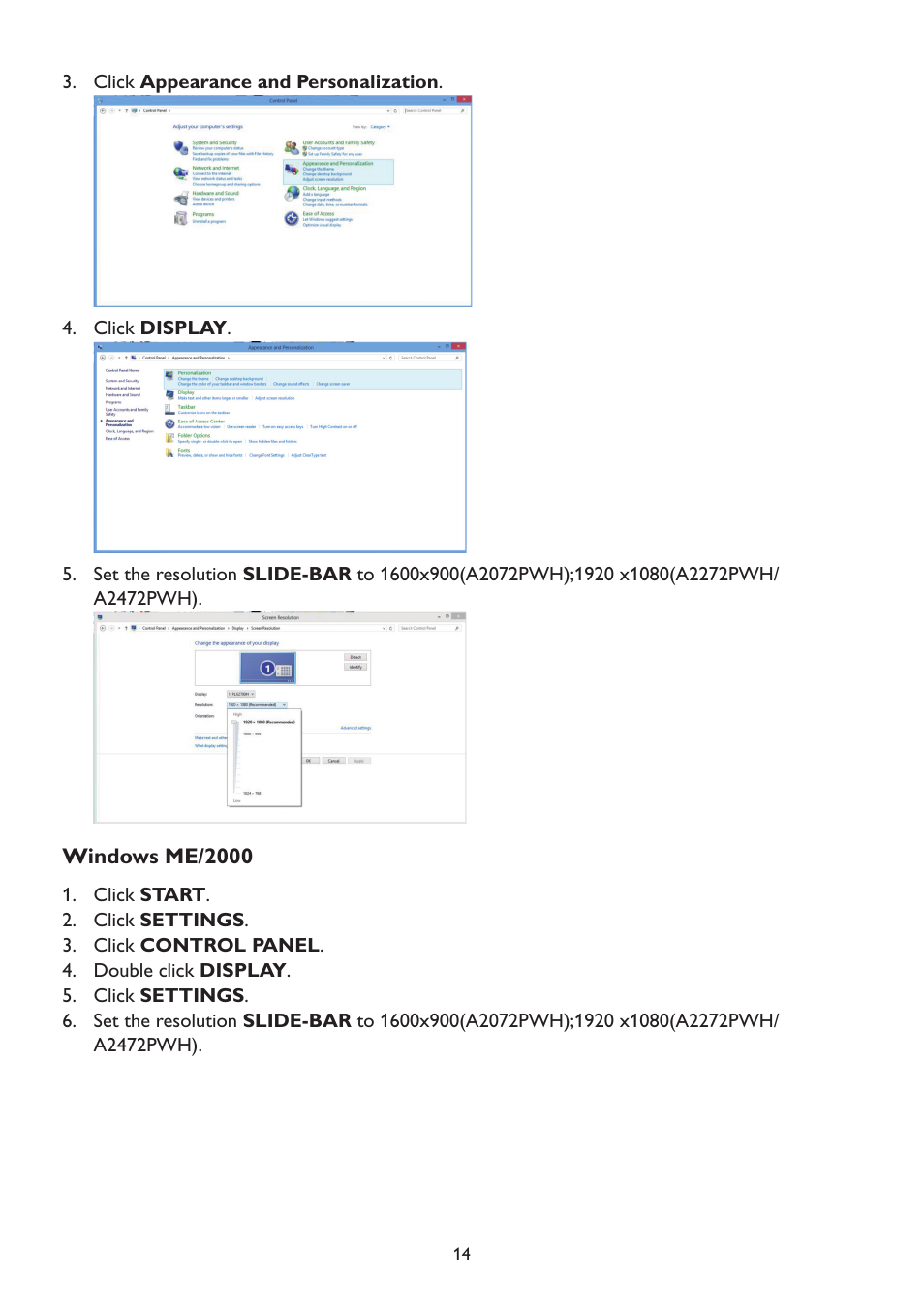 Windows me/2000 | AOC A2472PWH User Manual | Page 14 / 67