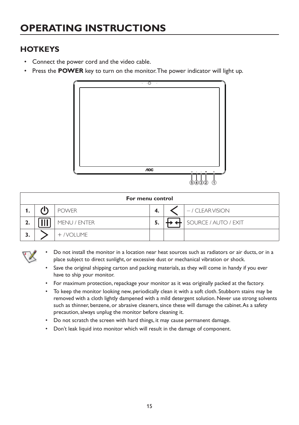 Operating instructions, Hotkeys | AOC A2472PWH User Manual | Page 15 / 67