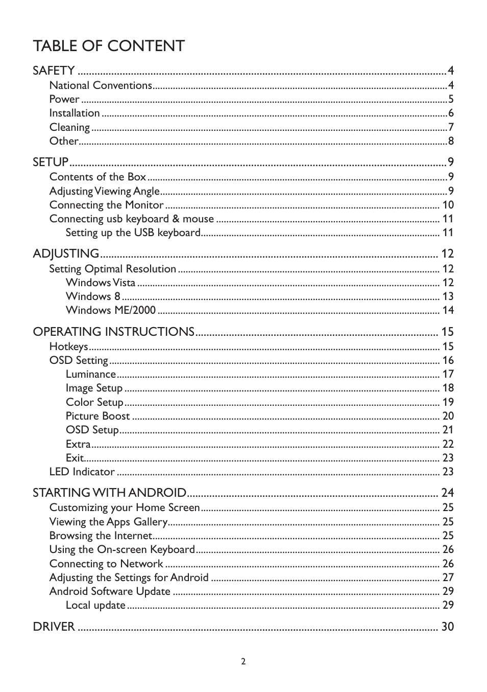 Table of content | AOC A2472PWH User Manual | Page 2 / 67