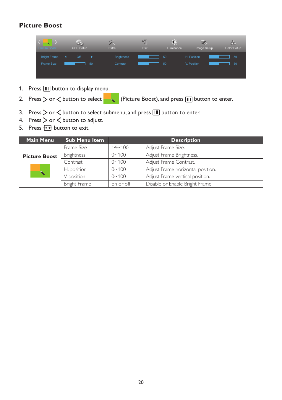 Picture boost | AOC A2472PWH User Manual | Page 20 / 67