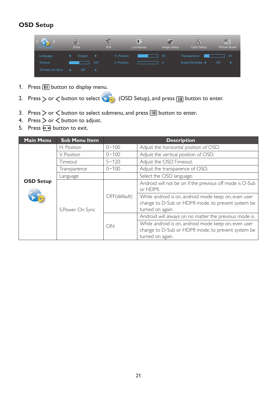 Osd setup | AOC A2472PWH User Manual | Page 21 / 67